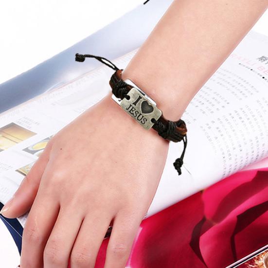 Unisex I LOVE JESUS Faux Leather Bangle Hemp Rope Chain Adjustable Bracelet