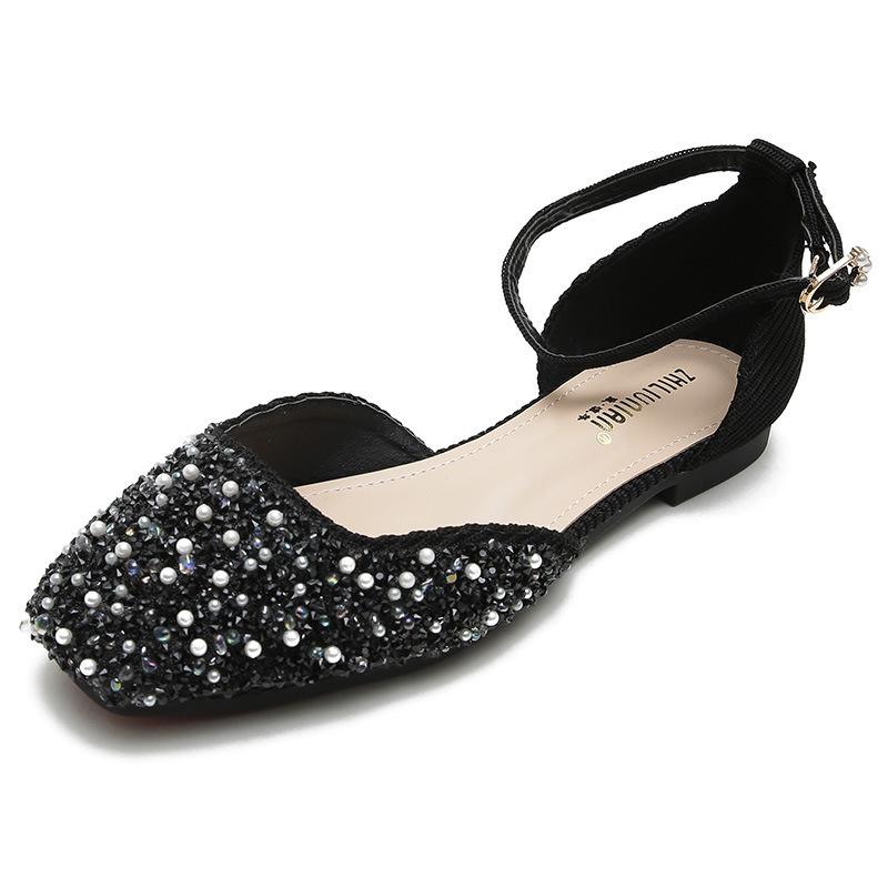 Mode Glitter Kristall Pärlstav Sandaler Kvinna Flats D'orsay Skor Damer Ankelrem Sandaletter Femme Cover Klackar Sandaler Bröllop