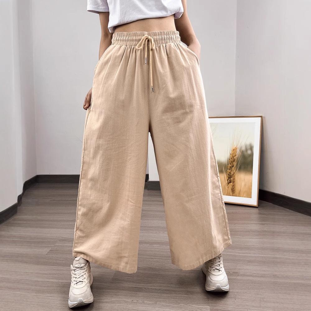 Southeast Asia Women's Casual Loose Ramie Culottes - Wide-Leg All-Cotton Slimming Pants, Eight-Point Length