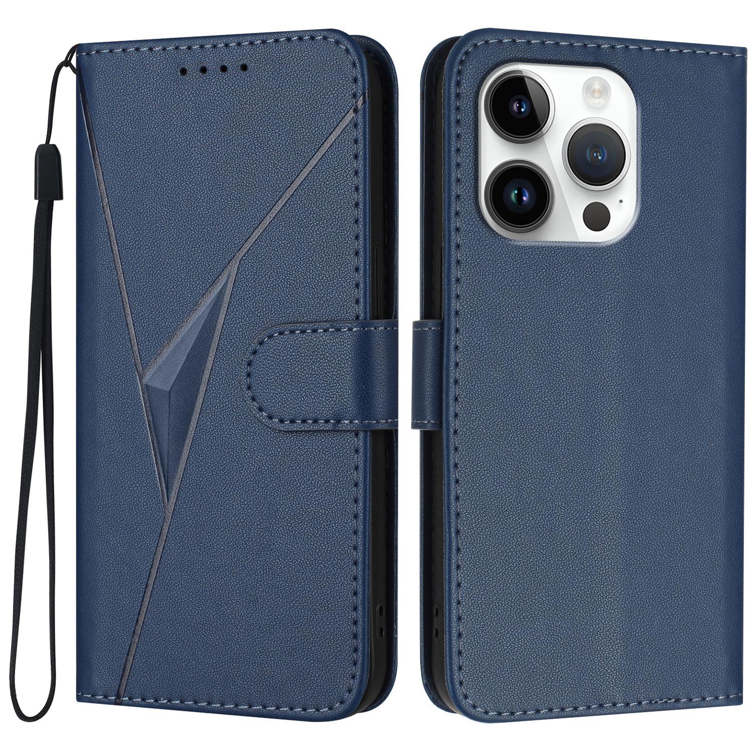 

YX0090 For iPhone 16 Pro Case Triangle Imprint Leather Phone Cover with Lanyard Sapphire