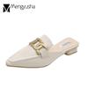 Fashion Plus Size 41/42 Women Metal Chain Slippers Square Low Heels Mules Ladies Sewing Shoes Summer Closed Pointed Toe Slides Sandalias