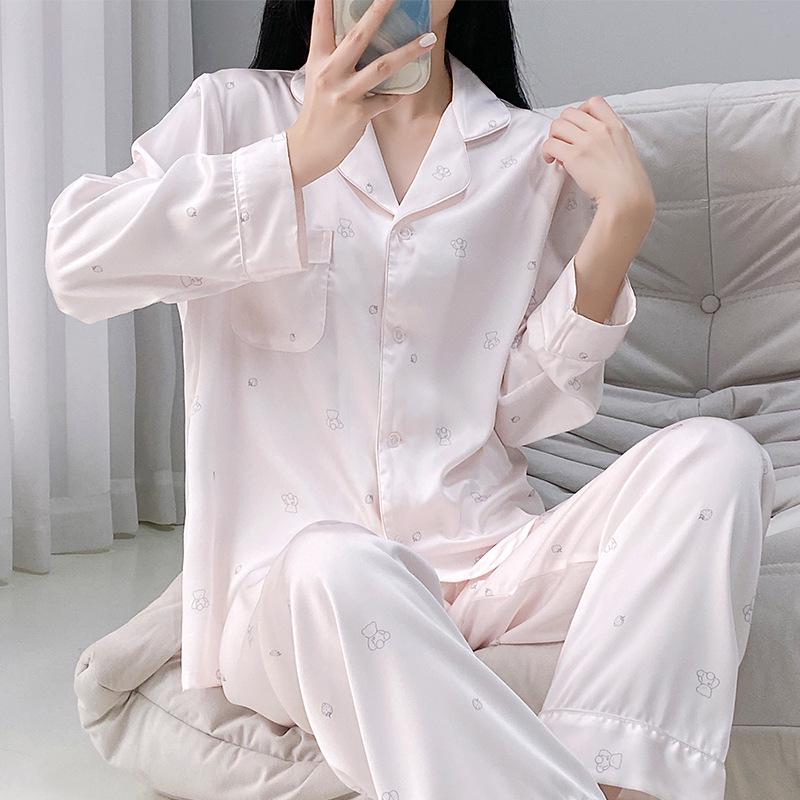 Women's Autumn/Winter Ice Silk Cartoon Pajamas, Korean-Style Sweetheart Set - Long Sleeve & Pants