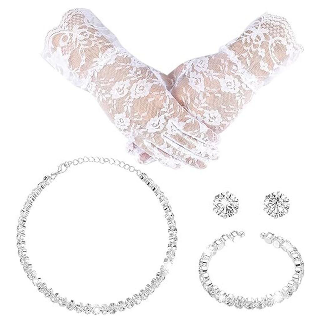 Children Lace Trim Crystal Rhinestone Necklace Set with Short Gloves , 4 - Piece Girl Jewelry for Party Gift