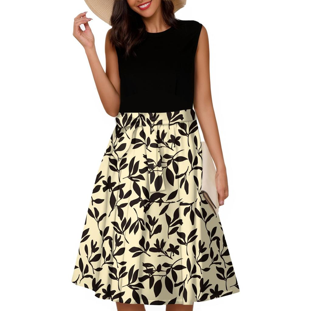 Women's Fashion Casual Lace-up Sleeveless Round Neck Splicing Short Dress
