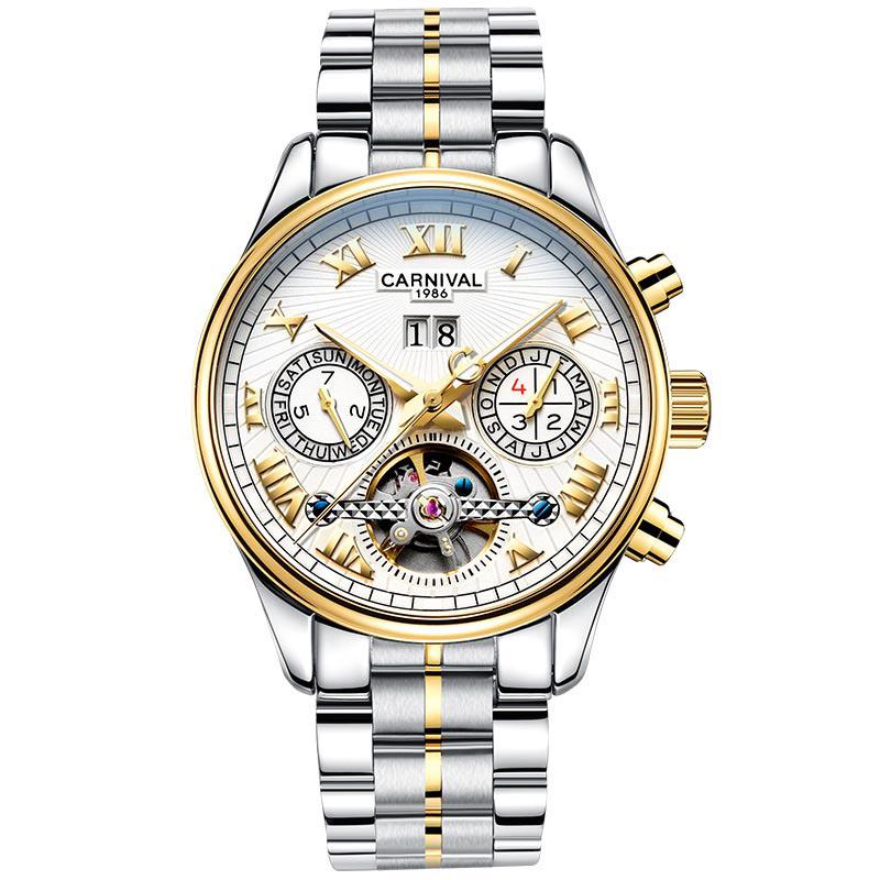 CARNIVAL Stainless Steel Automatic Mechanical Watch Mens Top Luxury Brand Tourbillon Sports Luminous Date Men Watches