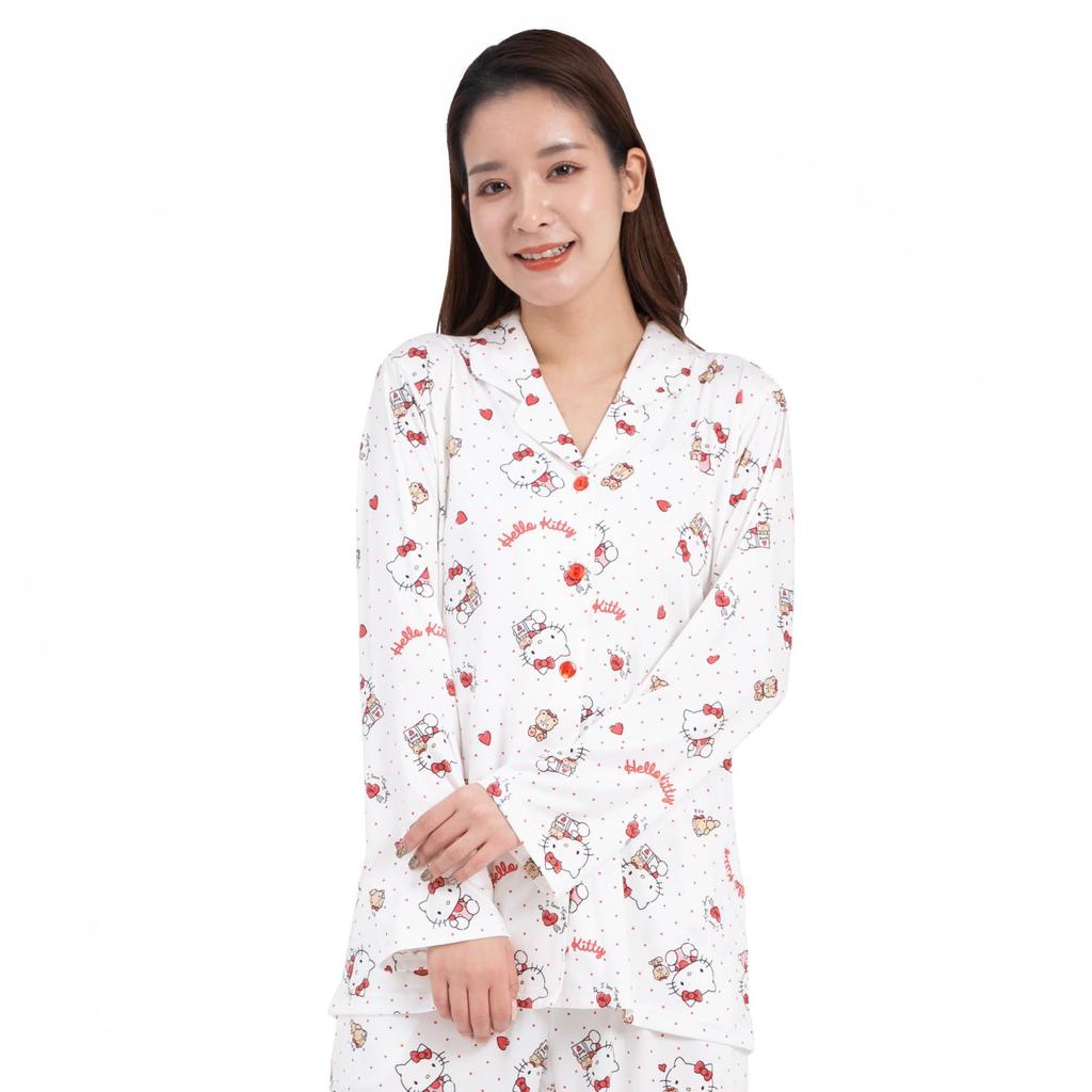 SAZAC Hello Kitty Shirt Powder Long Sleeve and Pants Dot Hello Kitty Design Pajamas, Stretch, Women's, Set, Loungewear, (White/M/SAN1786)