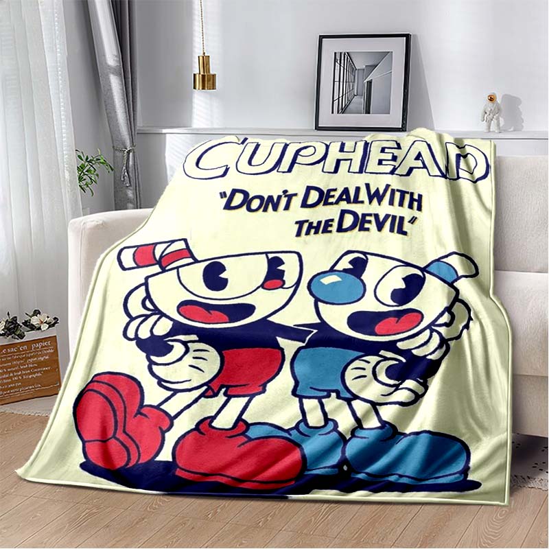 Cuphead & Mugman Flannel Blanket, Soft Throw with "Don't Deal With The Devil" Print, Cozy Bedding for Retro Game Fans