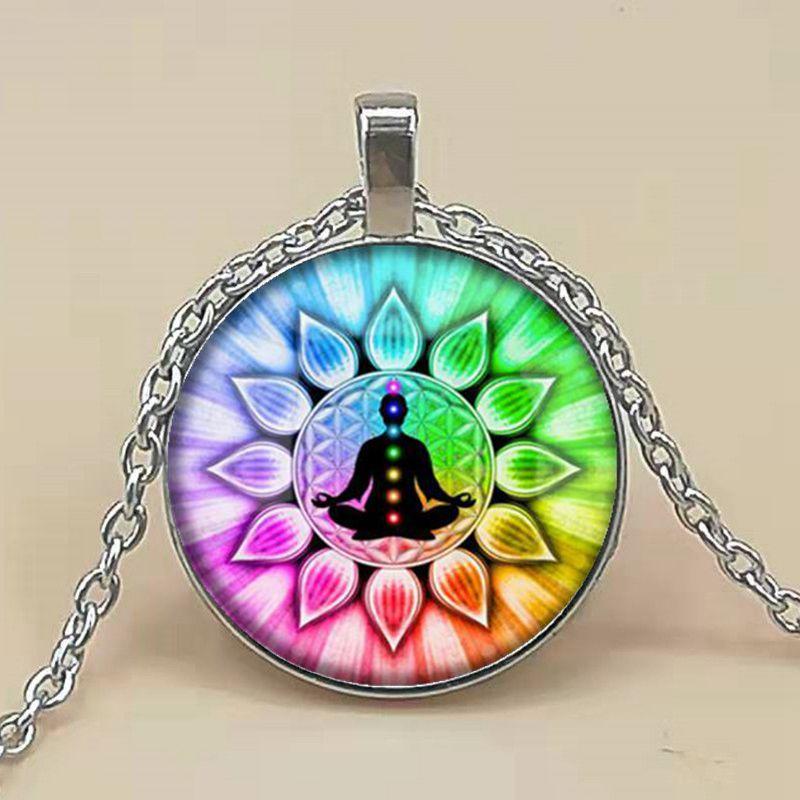 

Радужное 7 чакр Мистическое ожерелье-мандала Искусство Цветок жизни Стеклянный кабошон Подвеска Ожерелье Женские украшения для йоги Silver