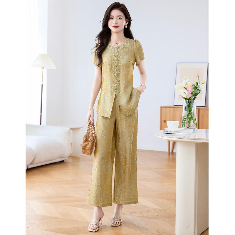 Women s Elegant Lace Short-Sleeve Top & Pants Set M