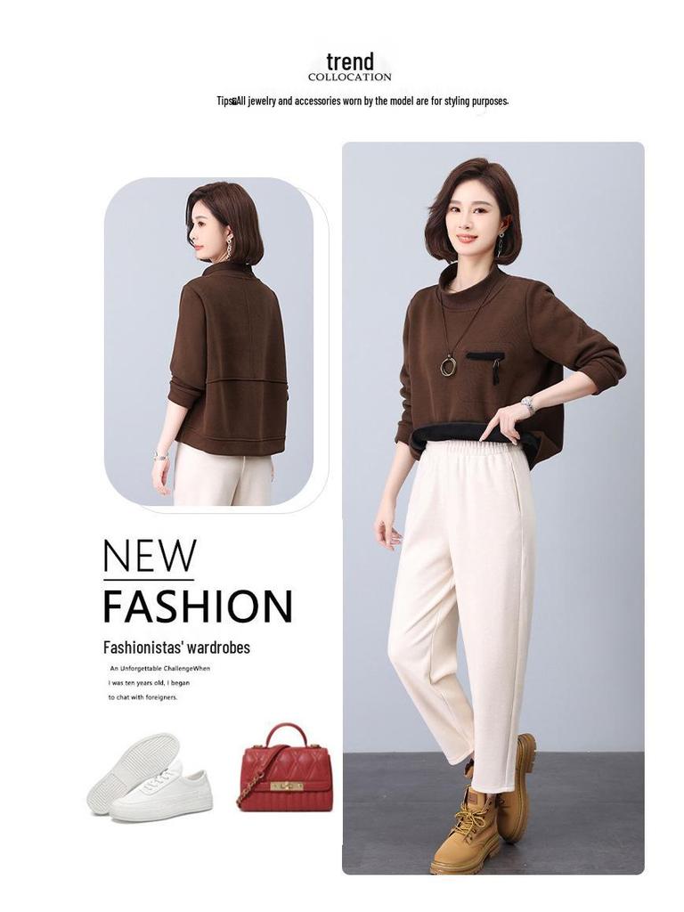 2024 Korean Style Petite Mom Casual Fashion Sweatshirt Two-Piece Set