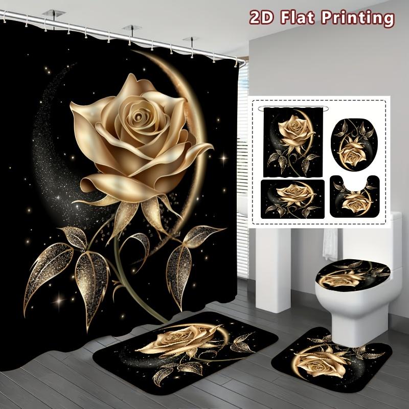 4Pcs Shower Curtain Set with Non-Slip Bath Mat, Toilet Lid Cover, Contour Rug & 12 Hooks, Bathroom