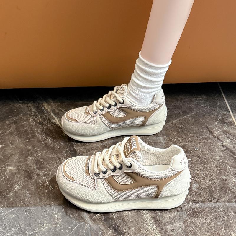 

Thick-soled 2025 spring and summer breathable new dad shoes women s soft leather heightening small mesh white shoes versatile casual shoes 40 бежевый