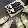 Fashion Square Buckle Rhinestone Pointed Shallow Mouth Single Shoes Women'S High Heel Thin Bun Head Back Empty Strap Sandals