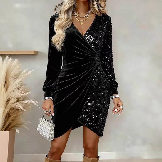 Damen Pailletten Samt Wickel Mini Kleid Langarm V-Ausschnitt Raffiniertes Bodycon Kleid Hochzeitsgast Abendkleid Formales Cocktailparty Kleid
