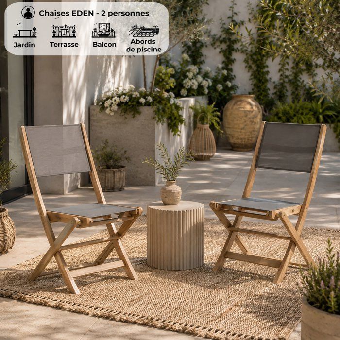 Lot de 2 chaises de jardin pliantes en bois d'acacia FSC - EDEN - Assise textilene - Gris - 58 x 58 x H90 cm