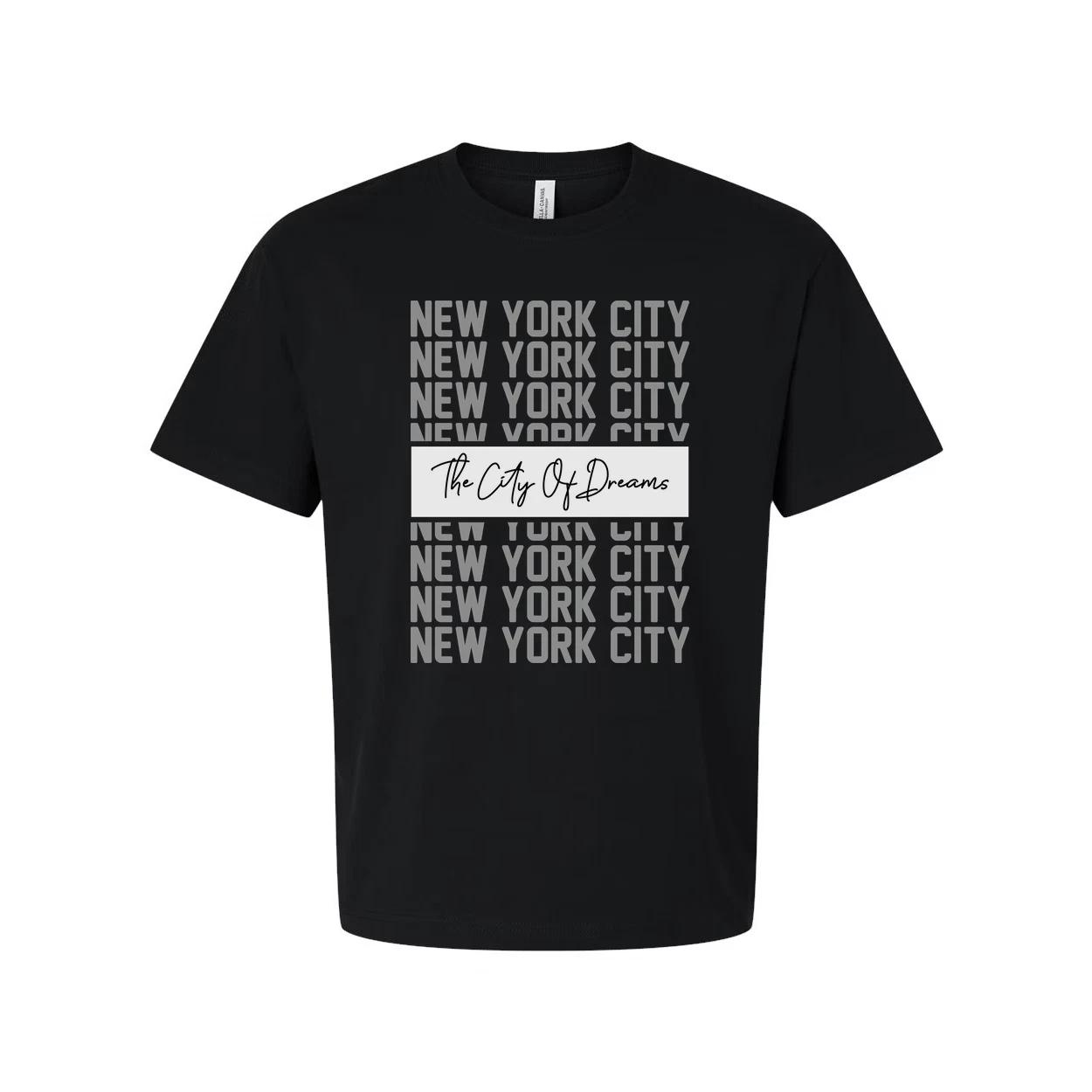 New York City Graphic Tee With Repeated NYC Text And The City Of Dreams Center B XL