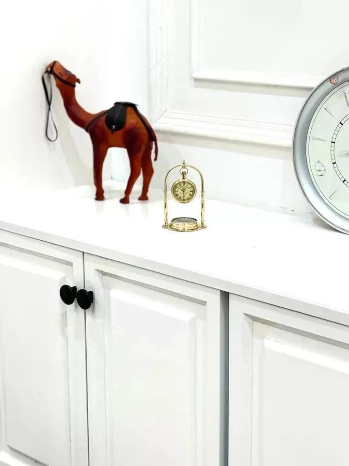 Brass Polished Antique Brass Compass with Clock Table Clock Compass Vintage