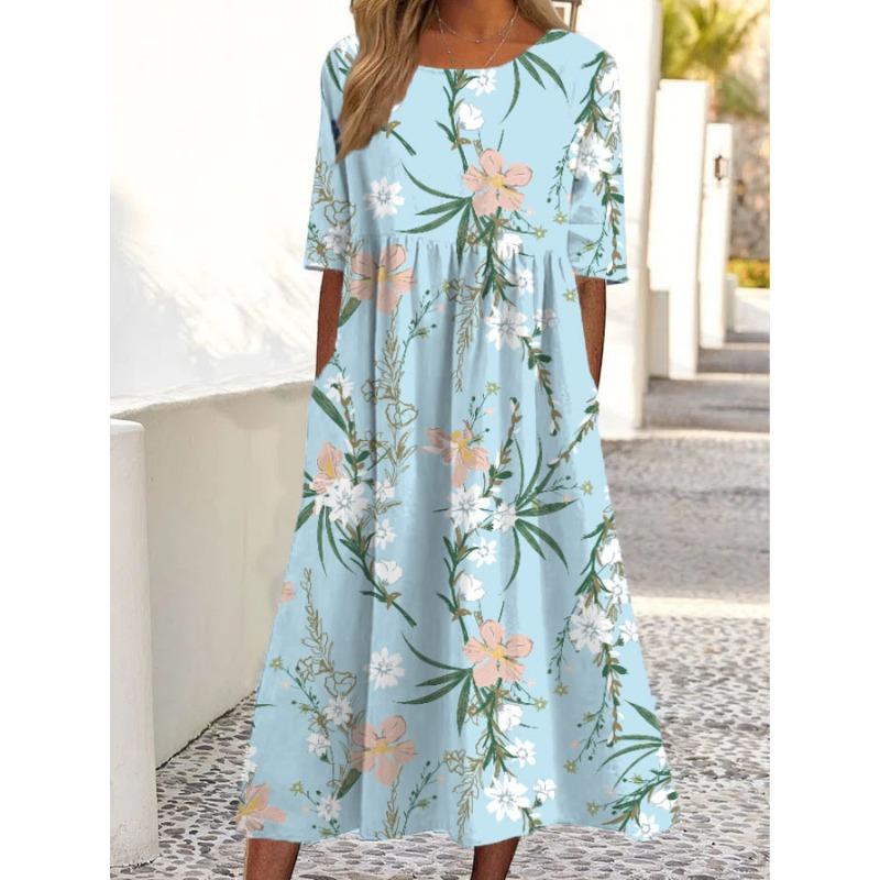 Casual O Neck Pockets Printed Loose Dresses for Women Plus Size Summer New Short Sleeve Women's Dress Fashion Elegant Vintage Floral Long Dress 3364