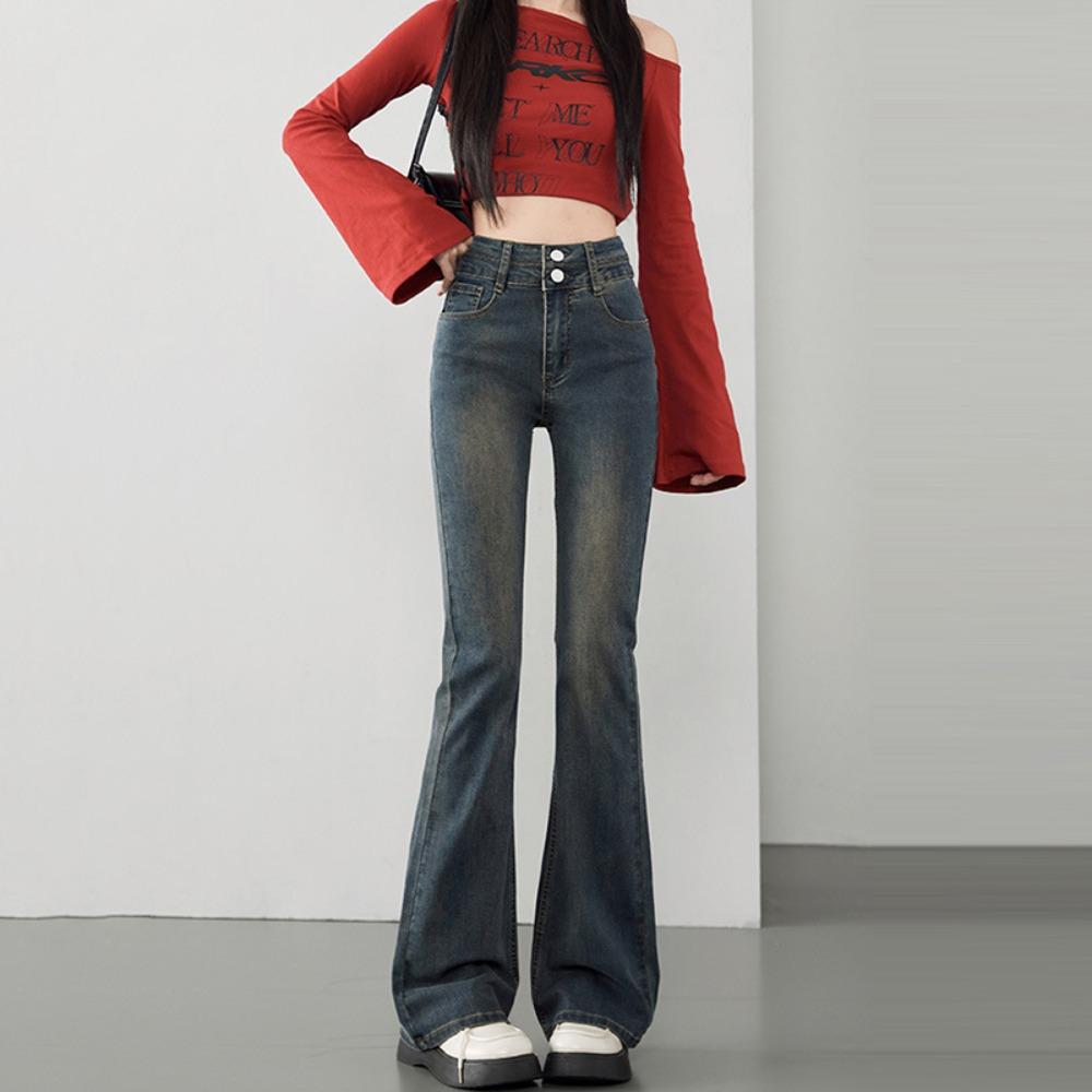 Jeans Lavati High Street Donna Autunno Vita Alta Versatili Skinny Pantaloni a Zampa Piccola Pantaloni a Ferro di Cavallo