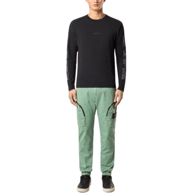 STONE ISLAND Letter Round Neck Slim Fit Raglan Long Sleeve T-Shirt Men Tops Black K1S1521000-05S0082-V0029