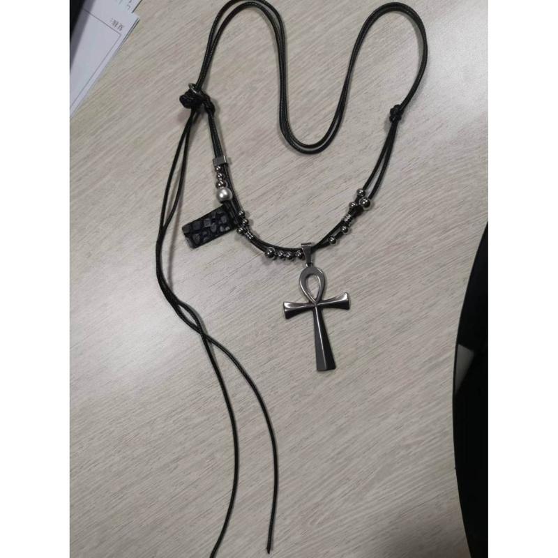 Lederseil Titanstahl Halskette Kreuz Anhänger Choker Kette Lange Pulloverkette Partner Schmuck Ornament Damen Mädchen