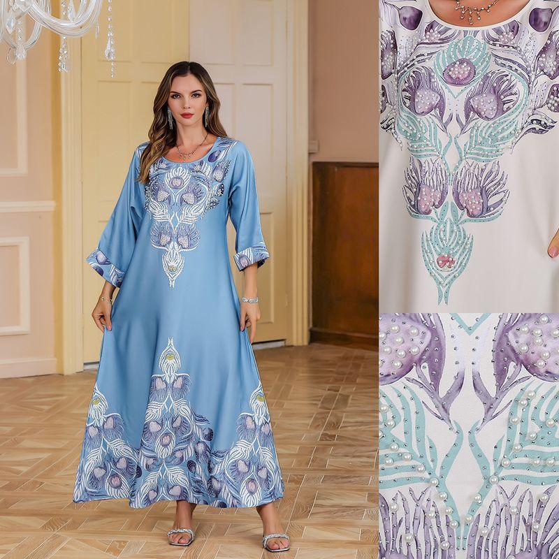 Indonesian Arab Middle East Round Neck Robe Women Dubai Hot Rhinestone Ethnic Print Beads Long Dress Dress