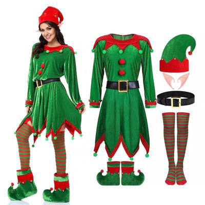 Kids Christmas Elf Costume Green Velvet Dress with Hat Shoes & Accessories