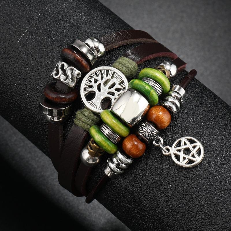 Punk Handmade Beaded Cowhide Bracelet Alloy Tree of Life Logo Leather Woven Bracelet Fashion
