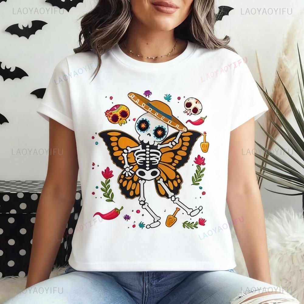 Day of The Dead Tshirt Sugar Skull Skeleton Monarch Butterfly TShirt Flowers Skull Shirt Dia De Los Muertos Tee Women Casual T S