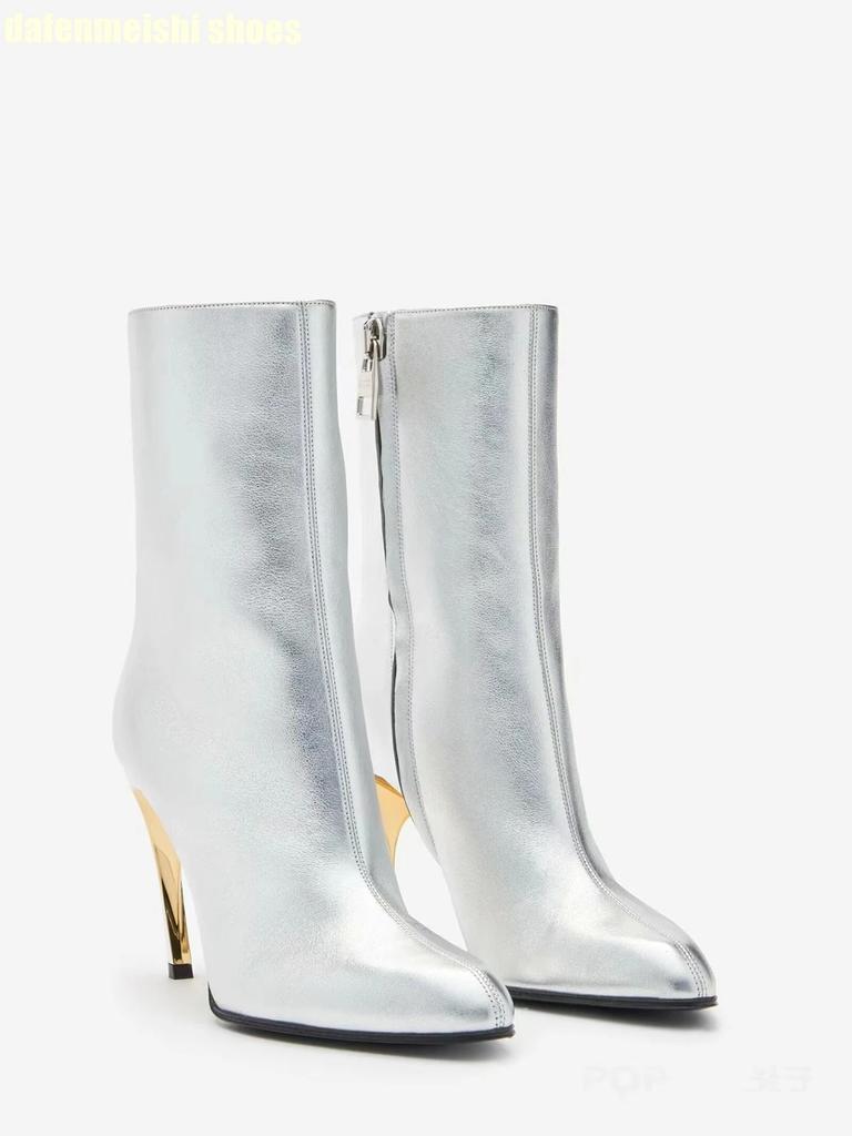 Botas Cortas de Tacón Alto Stiletto Estilo Metálico Extraño 2025 Nuevas Botas de Punta Hasta la Pantorrilla Cremallera Lateral Botas Negras para Mujer