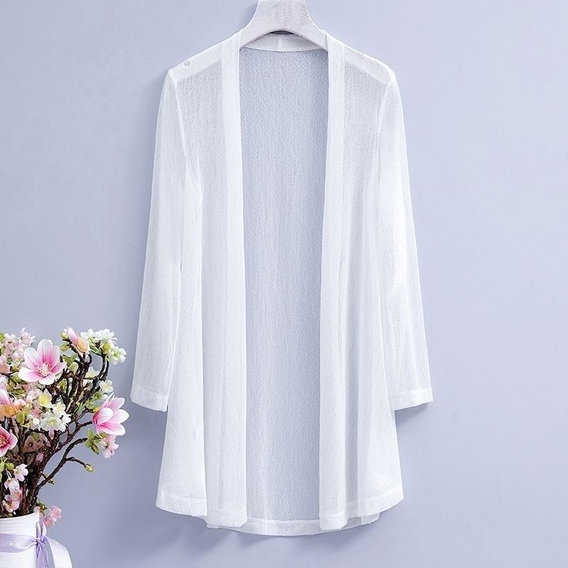 Summer Women's Mesh Cardigan Mid-length Breathable Shawl Long-sleeved Sunscreen Top Open Front Thin Cardigan tops
