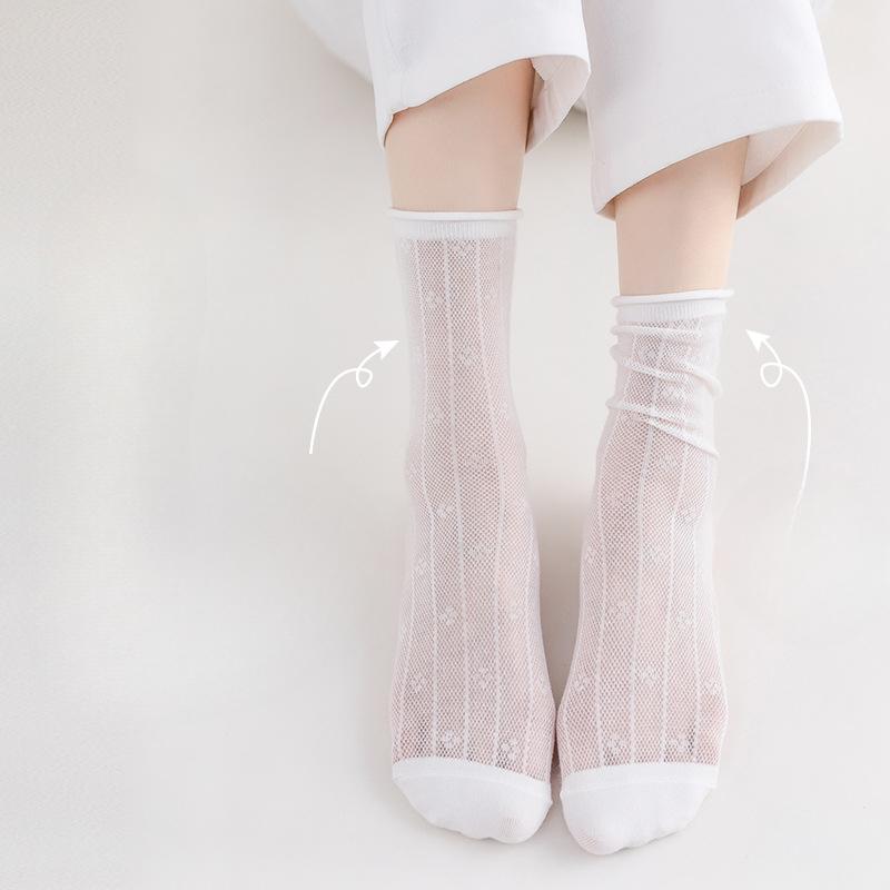 White Lace Socks for Women's Summer, Thin Mid-calf Socks Paired with Sandals and Slippers, Mary Jane Pile Socks for Summer