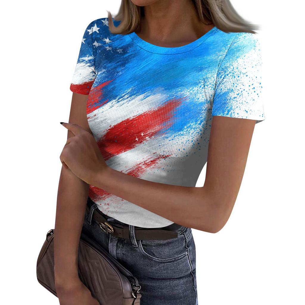 Women's Casual Fashion Round Neck Independence Day Print Short-Sleeve Ribbed Top
