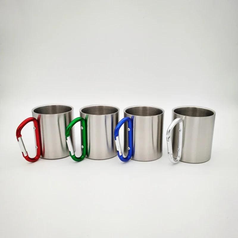 200ml Outdoor Camping Mug Stainless Steel Cup Traveling with Carabiner Handle Coffee Tea Mug Cookware Set Outdoor