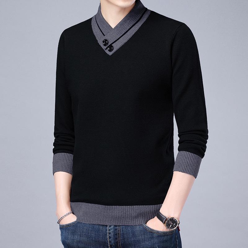 Men s Trendy V-Neck Winter Sweater with Fleece and Buttons L