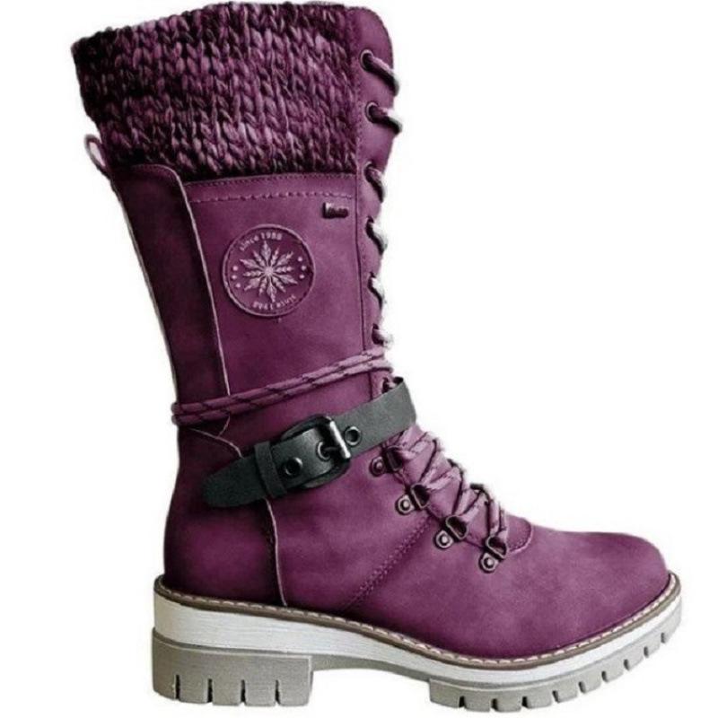 Winter new medium women's boots round head square heel leather buckle wool Martin boots large size snow boots