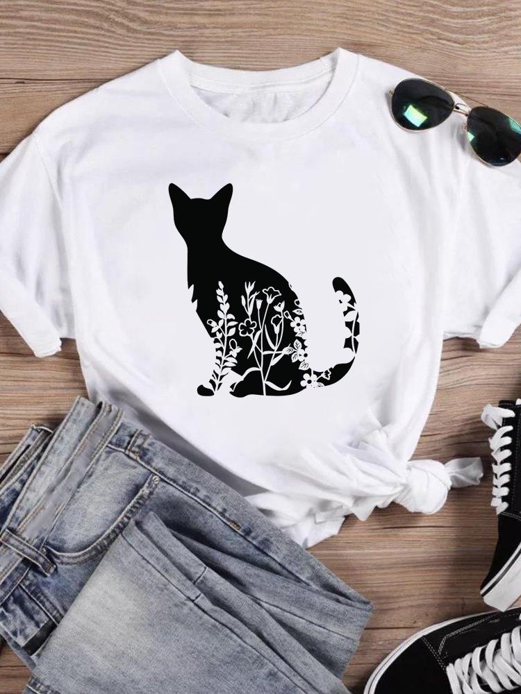 

Короткие рукава футболки женские футболки с принтом летние мультяшные коты любовь валентинка рубашка женская графическая модная одежда