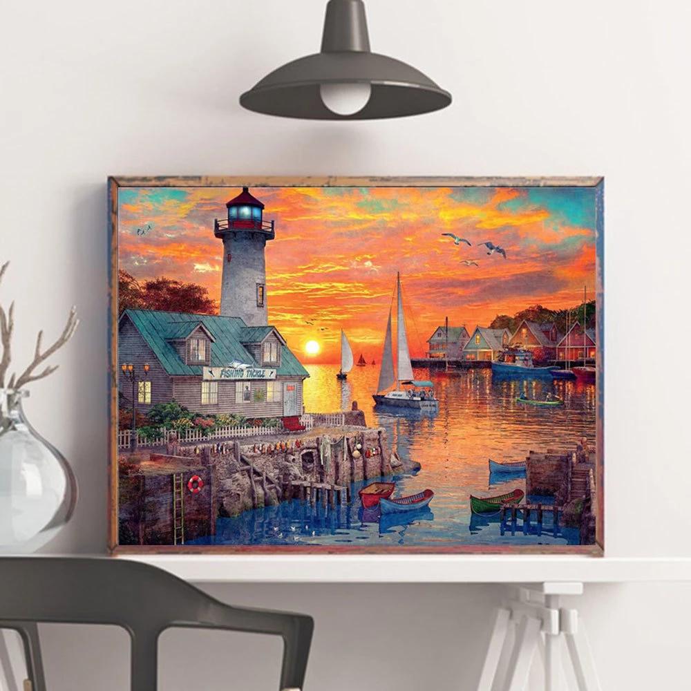 Diamantová malba maják drahokamy sada Plný čtverec Kulaté Diamantové vyšívání Krajina Mozaika Západ slunce Domácí dekorace