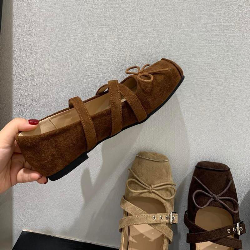 Rétro bout carré plat chaussures simples ballerines automne nouveau marron français boucle nœud Mary Jane chaussures pour femmes