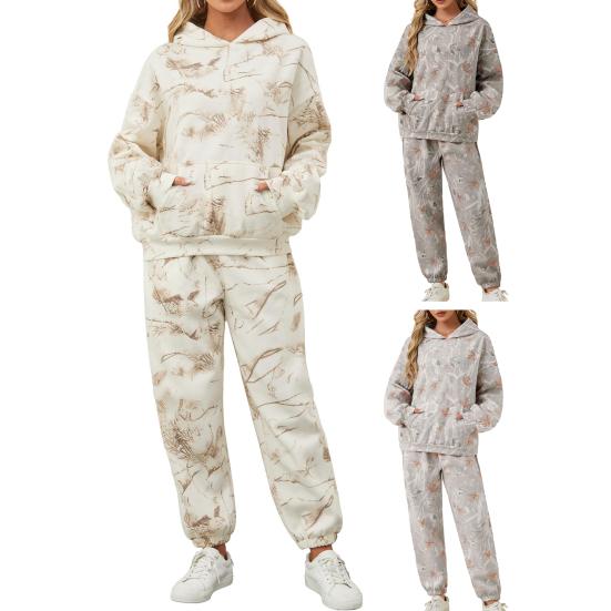 2 Pcs/Set Women Hoodie Pants Suit Printing Long Sleeves Thick Top Elastic Waist Ankle-banded Trousers Sport Fitness Outfit Fall Winter Tracksuit