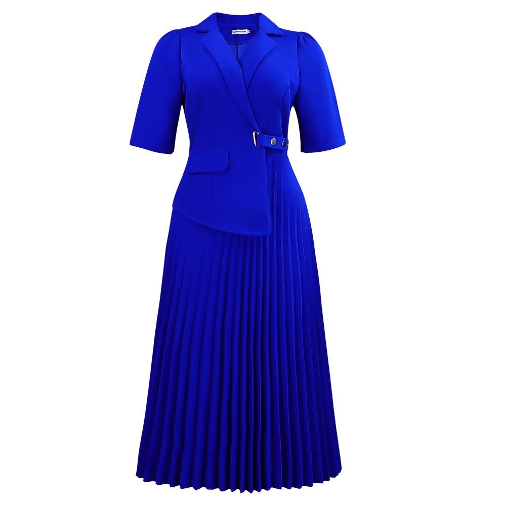 Women's Lapel Collar Three Quarter Sleeve Midi Pleated Dress Fitted High Waist Elegant Solid Office Commute Dress