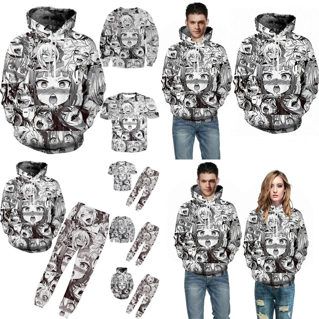 Ahegao Anime Face Hoodie And Pants Creative 3d Printed Jogger Suit For Men And Women