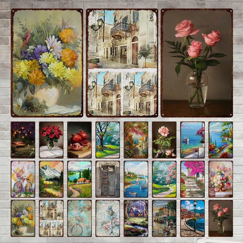 Flower Potted Landscape Metal Sign Vintage Tin Sign Metal Vintage Bar Vintage Wall Decoration Bar Club Man Cave Metal Poster