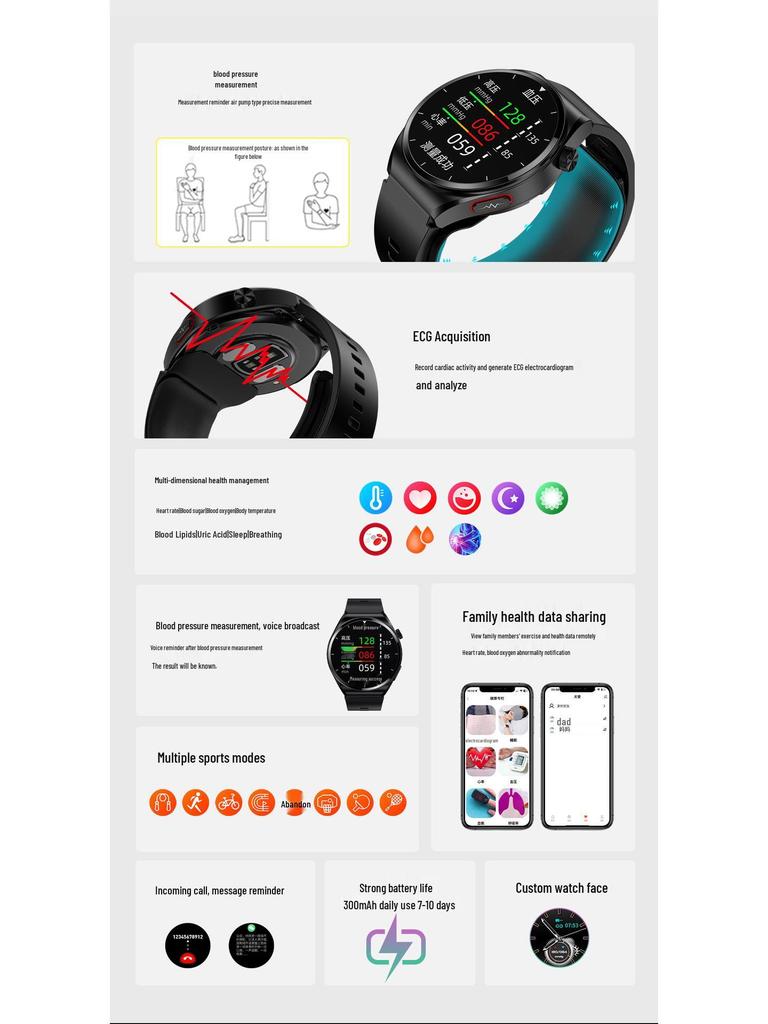 2025 S22 Smartwatch: Air Pump, Airbag, Accurate Blood Pressure, Voice Broadcast, ECG, Blood Sugar, Uric Acid Monitoring.