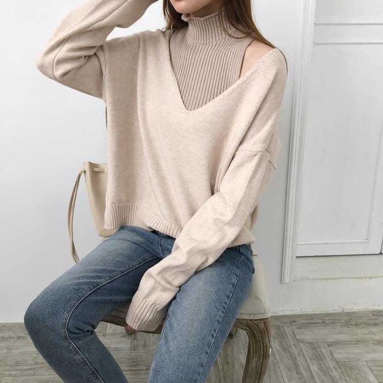 Two-piece Straight Half-high Collar Bottoming Sweater Female Commuter V-neck Loose Long Sleeve Sweater Sweater Women Sets Spring