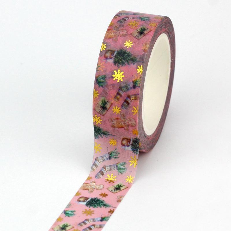 1X 10M Gold Foil Reindeer Snowflake Christmas Trees Snowman House Masking Washi Tape for Scrapbooking Planner Kawaii Papeleria