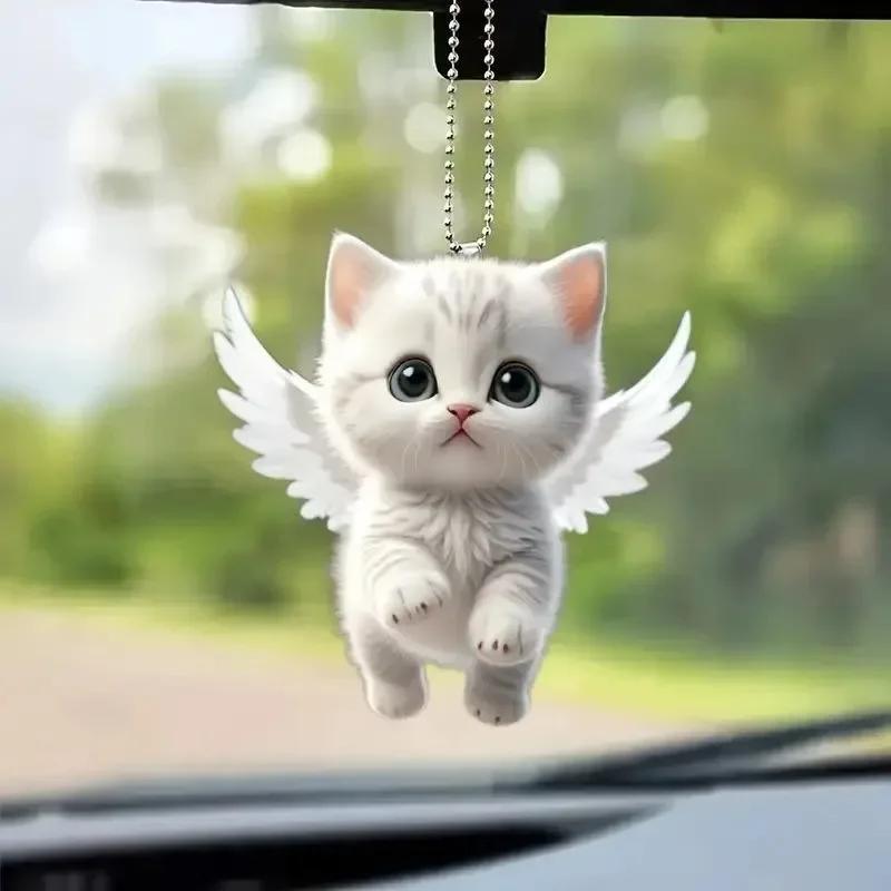 2D Car Pendant Hanging Ornament with Chain Realistic Animal Cat-Shaped Rearview Mirror Hanging Decor Car Interior Accessories
