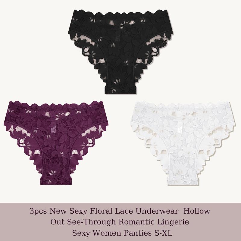 3 Piezas/Set Sexy Encaje Floral Conjuntos de Bragas Ropa Interior Hueco Transparente Romántica Lencería Ropa Interior Sexy Bragas para Mujer S-XL