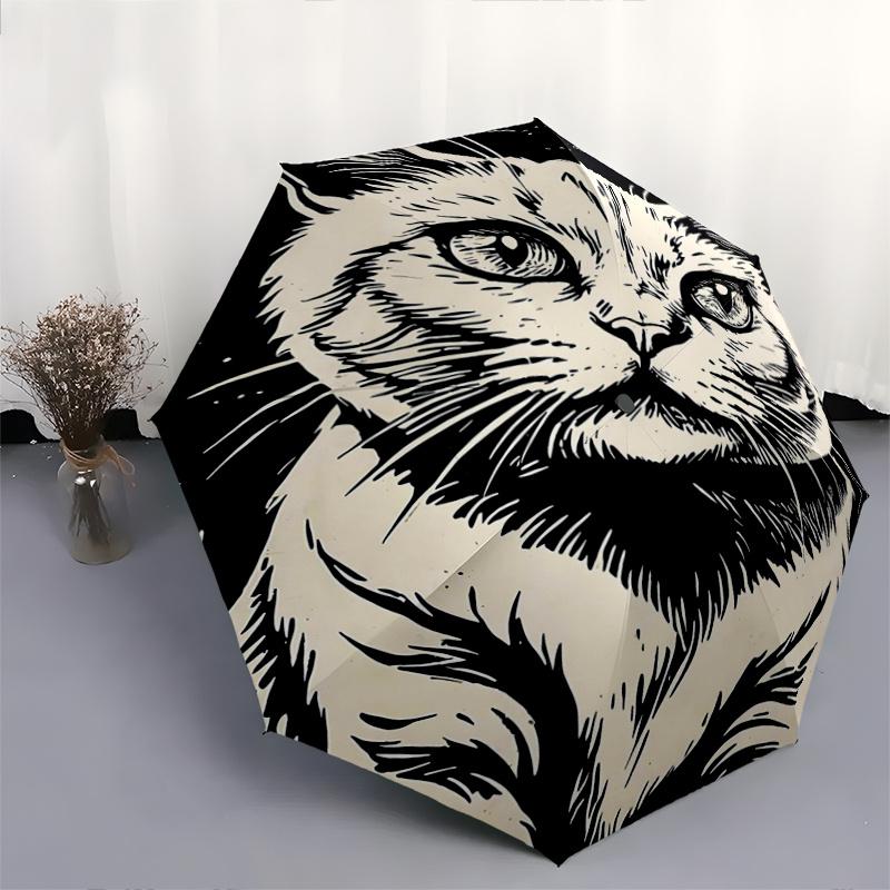 1pc Curious Cat Automatic Opening and Closing Umbrella, Lightweight 3-Fold, With Cute Cartoon Characters, Suitable for Home, Outdoor and Daily Use, Li