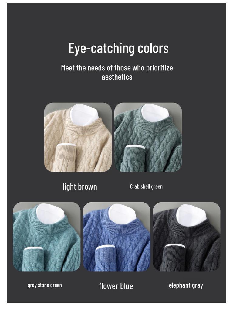Men's 100% Pure Wool Round Neck Sweater – Autumn/Winter Thick Knit, Casual Loose Fit, Inner Cashmere Base Layer.